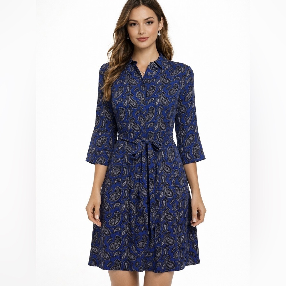 Banana Republic Career Dress Women's Size 4 Blue Paisley Print Belt Bell Sleeve